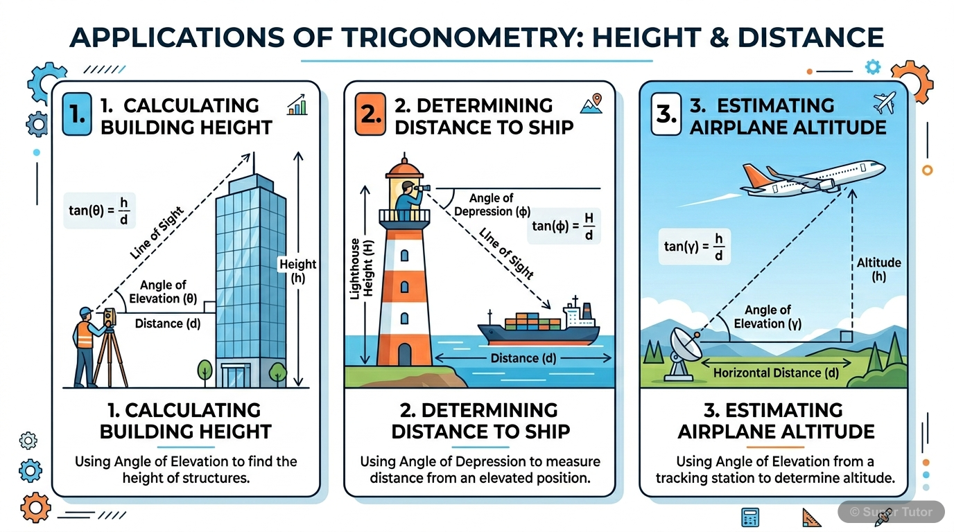 An infographic illustrating various real-life scenarios where trigonometric concepts of height and distance are used, such as measuring the height of a building, the distance to a ship, or the altitud