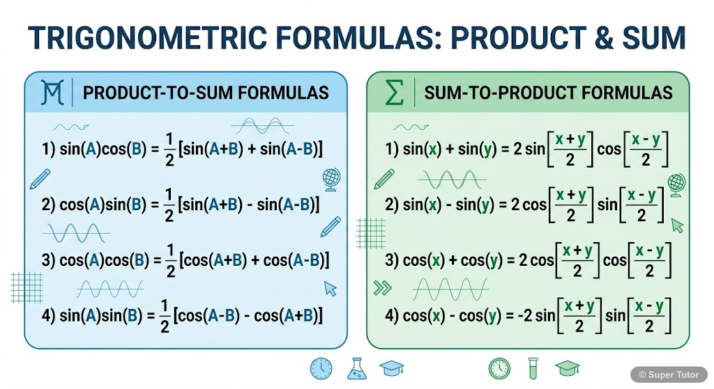 Product-to-Sum and Sum-to-Product Formulas A two-part infographic summarizing the transformation formulas: converting products of trigonometric functions into sums or differences, and converting sums or differences into products.
