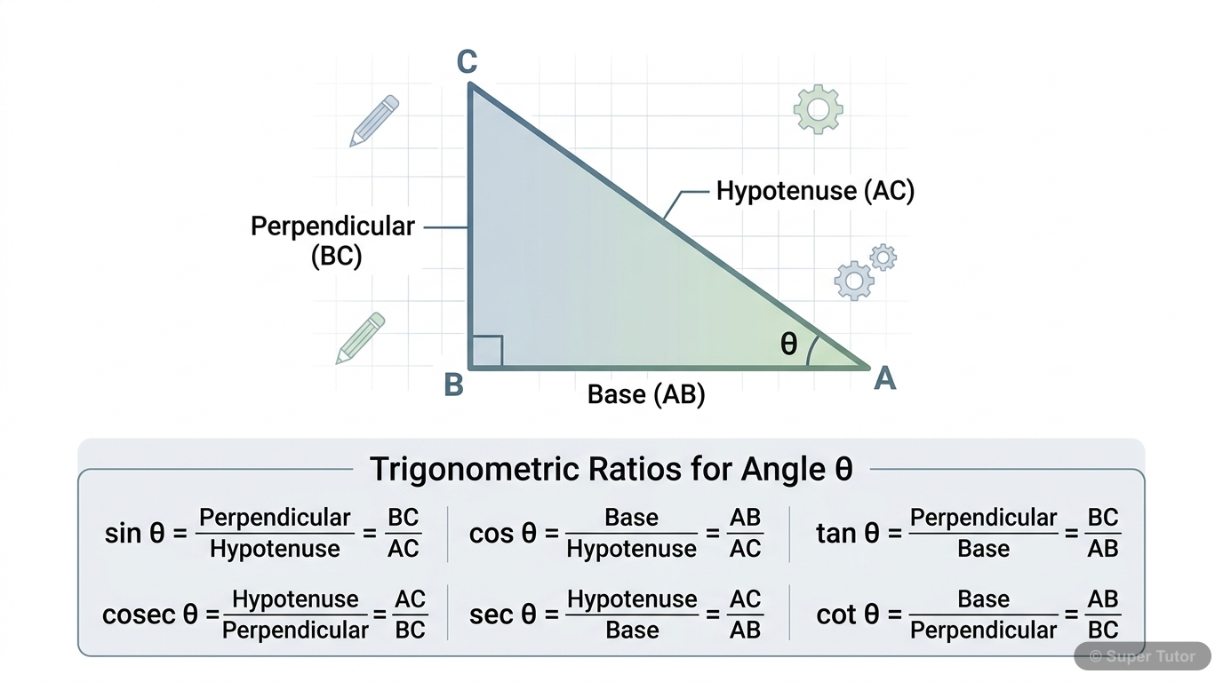 A labeled diagram of a right-angled triangle showing the perpendicular, base, and hypotenuse relative to an acute angle, and defining the six trigonometric ratios (sine, cosine, tangent, cosecant, sec