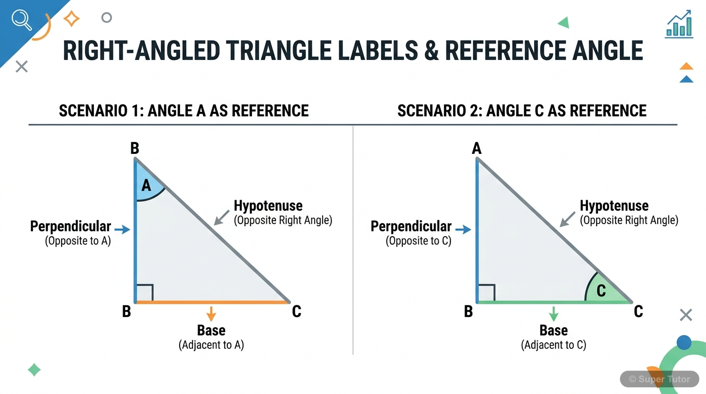 A right-angled triangle with one acute angle labeled as the angle of reference. The sides opposite to the acute angle, adjacent to the acute angle, and opposite to the right angle are clearly labeled 