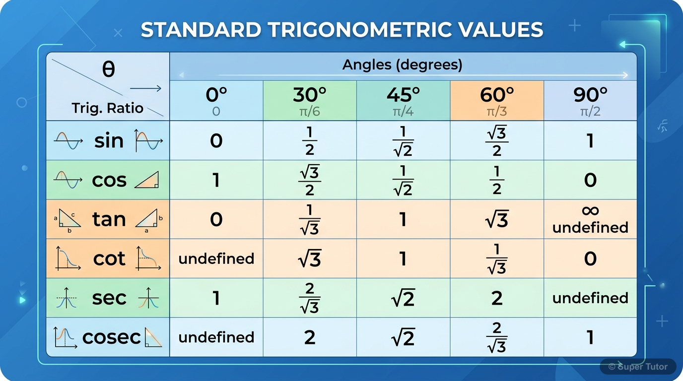 Trigonometric Ratios for Standard Angles (0°, 30°, 45°, 60°, 90°) A comprehensive table summarizing the values of sine, cosine, tangent, cotangent, secant, and cosecant for standard angles 0°, 30°, 45°, 60°, and 90°.