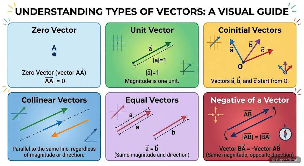 A series of diagrams illustrating different types of vectors: zero, unit, coinitial, collinear, equal, and negative of a vector.