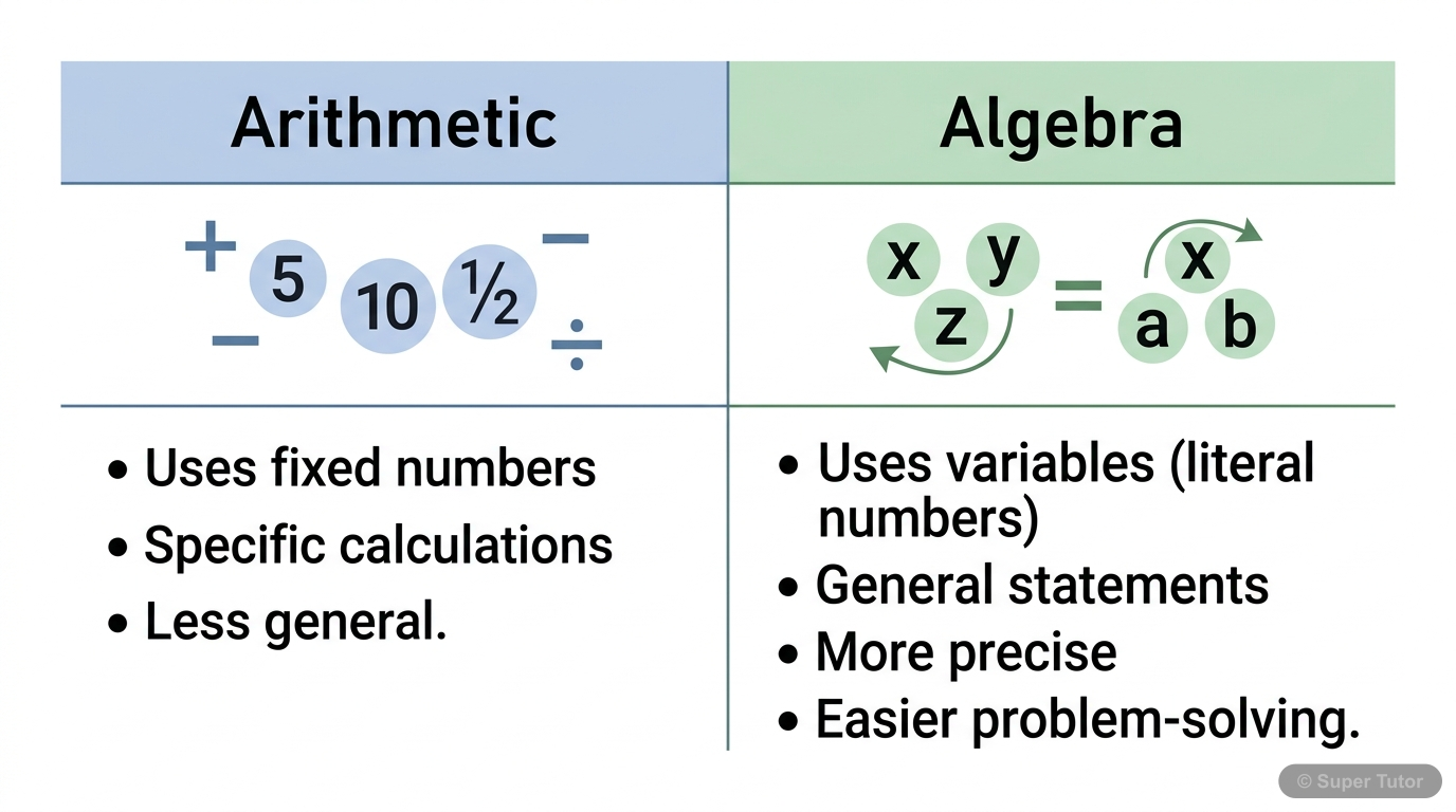A comparison chart highlighting the differences and extensions of algebra over arithmetic, focusing on the use of numbers vs. literal numbers (variables) and their implications for precision, generali