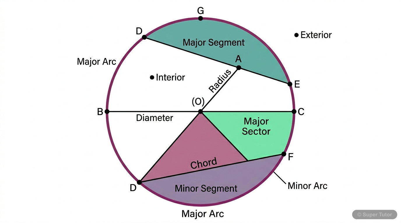 A comprehensive labeled diagram illustrating the various parts and terms associated with a circle, including center, radius, diameter, chord, arc (minor and major), sector, segment, interior, exterior