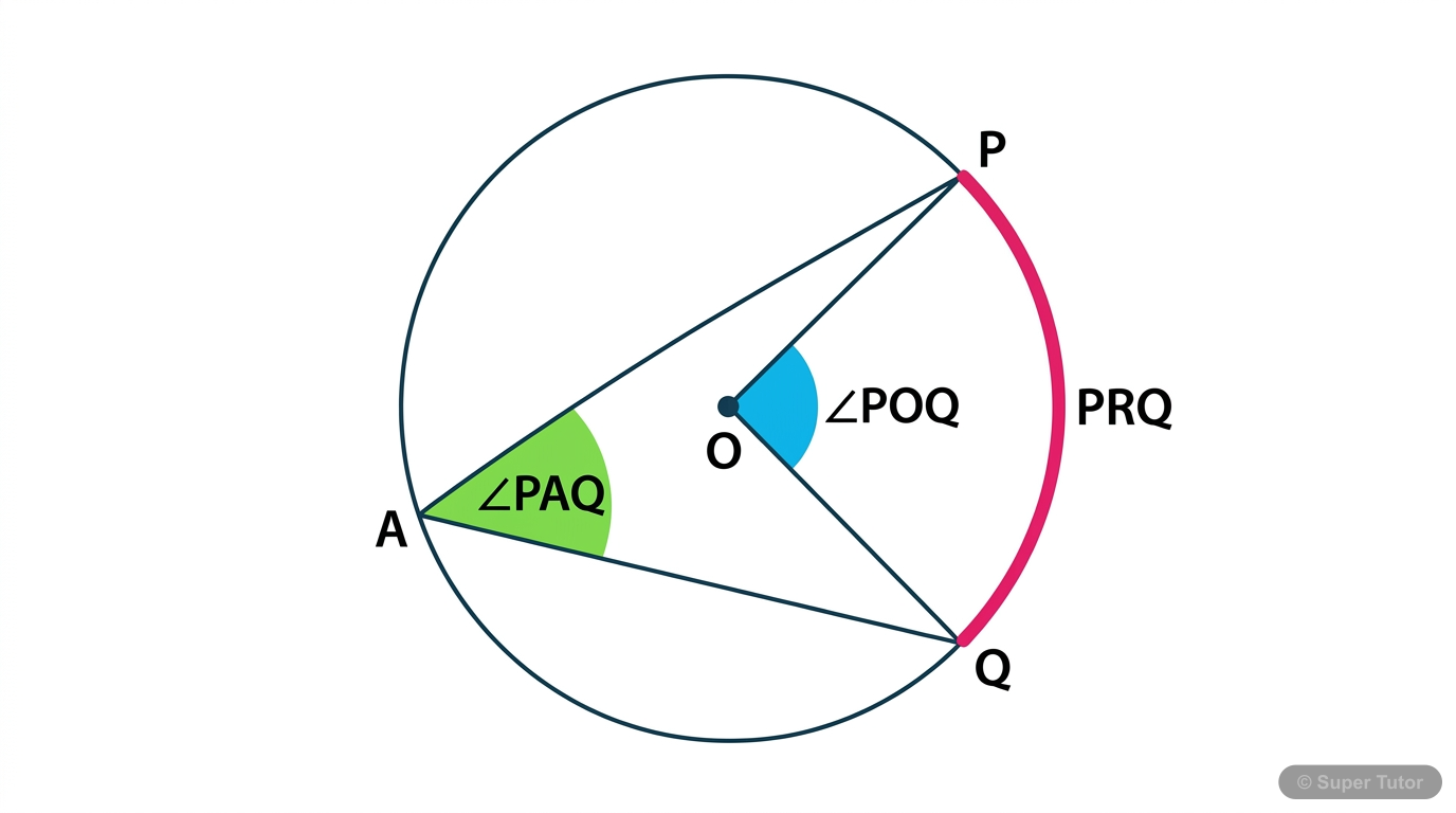 A diagram illustrating the definitions of central angle and inscribed angle, showing an arc, the center of the circle, and a point on the remaining part of the circle.