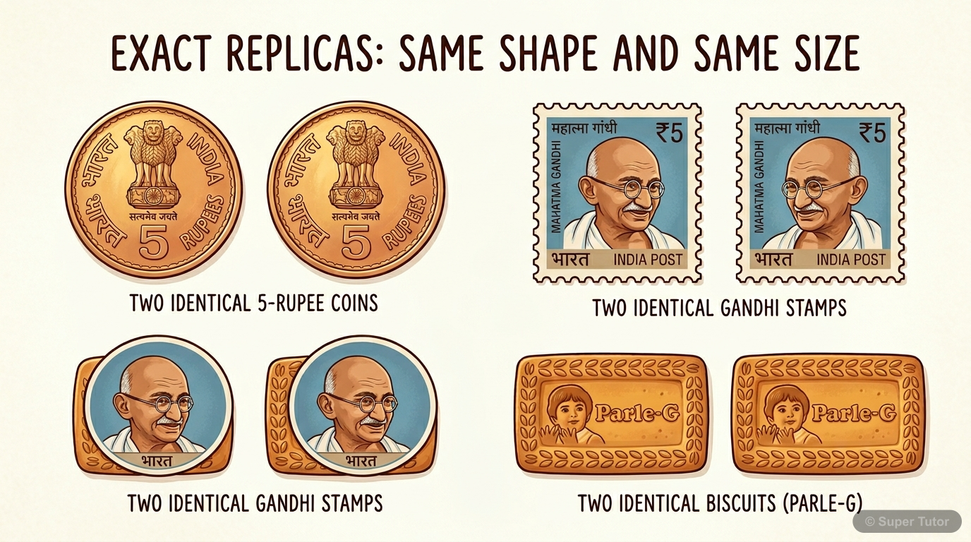 An illustration showing various real-world objects that are congruent, such as two identical coins, two identical postage stamps, and two identical biscuits from the same mould, emphasizing they have 