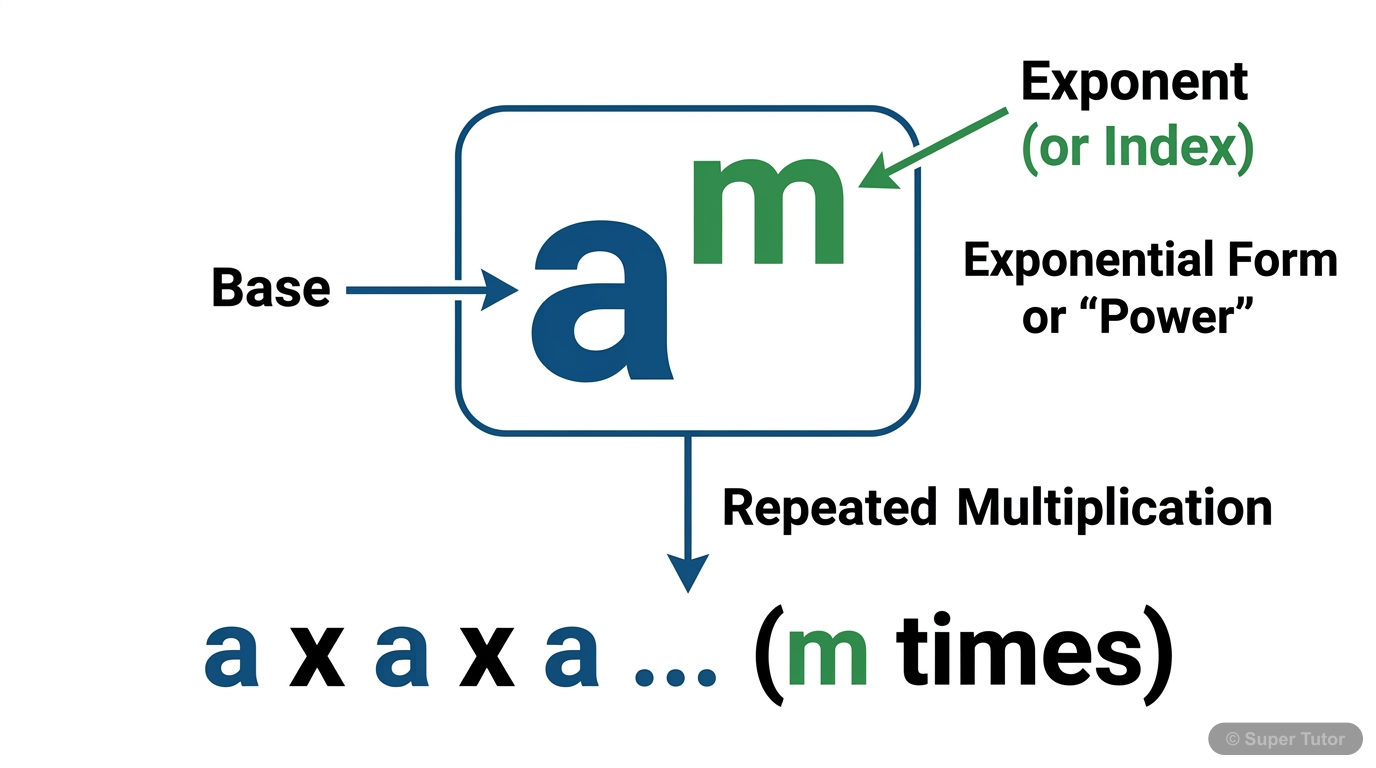A labeled diagram explaining the components of exponential notation (base, exponent, power) with examples.