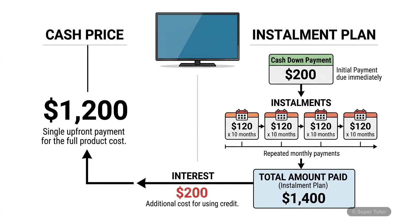 A diagram illustrating the relationship between Cash Price, Cash Down Payment, Instalments, and Interest in an instalment buying scheme. Show an item (e.g., a TV) being purchased.