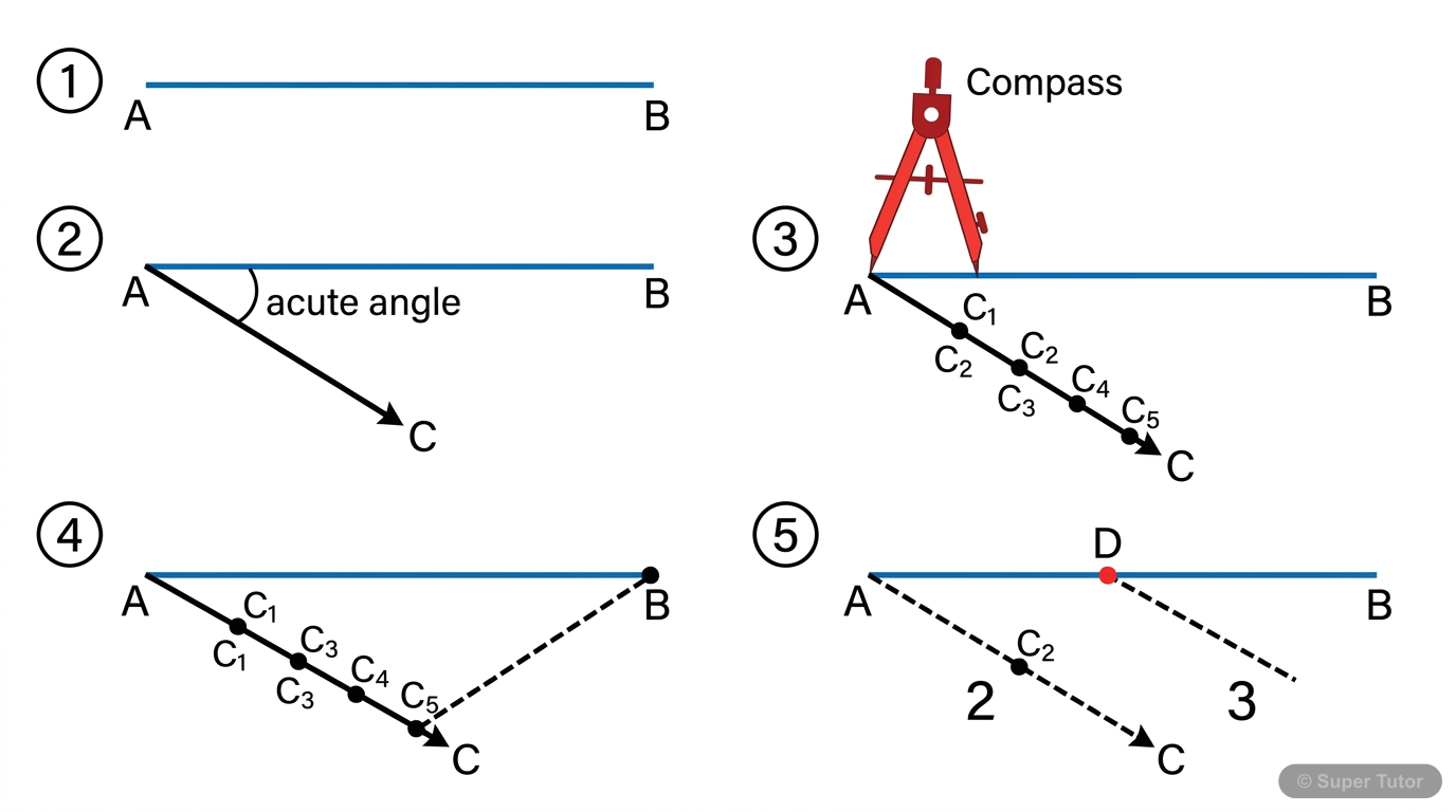 A step-by-step diagram illustrating the construction of dividing a line segment AB internally in a given ratio (e.g., 2:3) using a ray and parallel lines. Shows the initial line segment, the acute ang