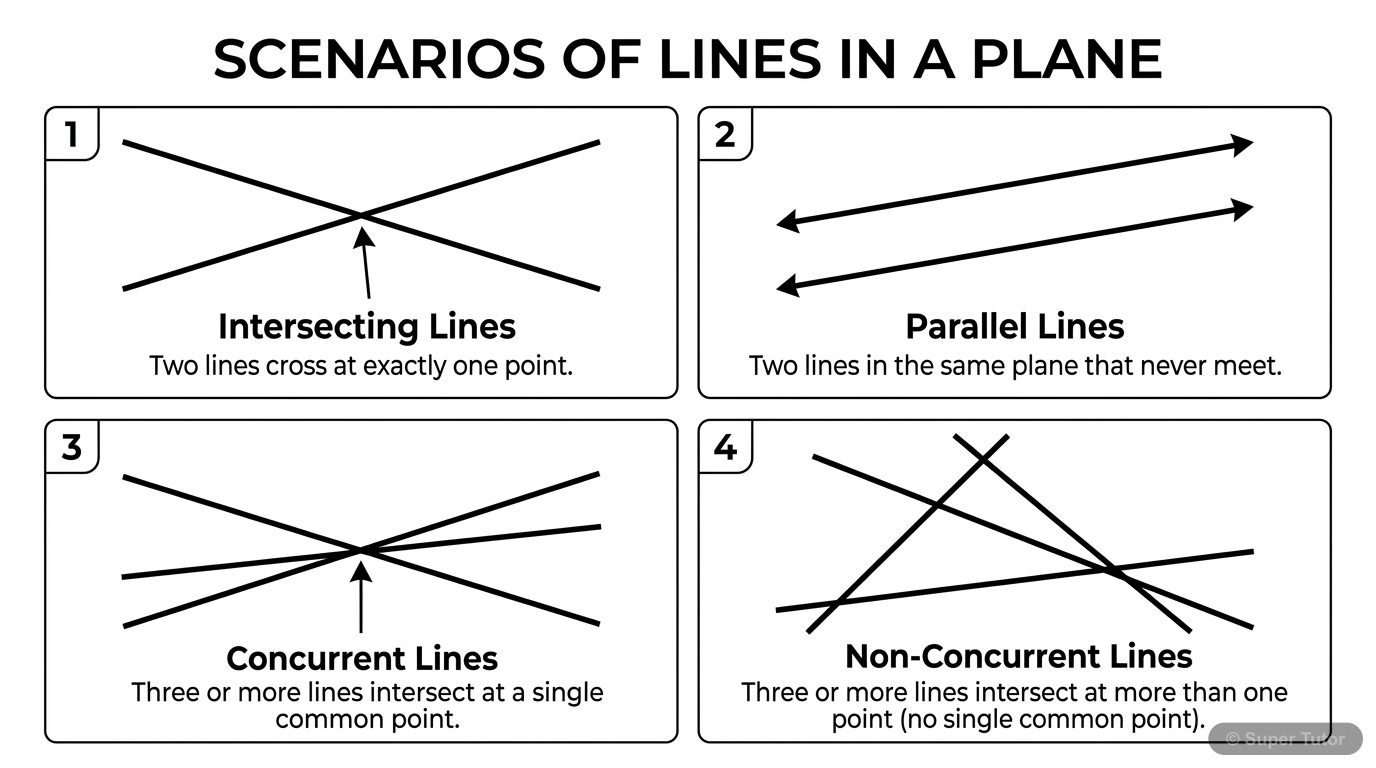 A diagram illustrating different ways two or more distinct lines can interact in a plane: intersecting lines, parallel lines, and concurrent lines.