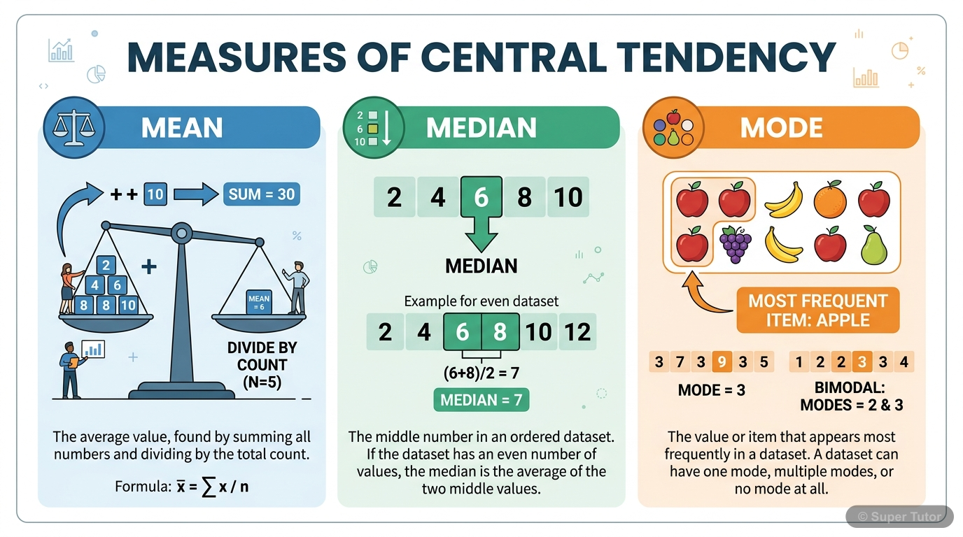 An infographic illustrating the three main measures of central tendency: Mean, Median, and Mode, with a brief definition for each and their purpose in describing a dataset's central position.