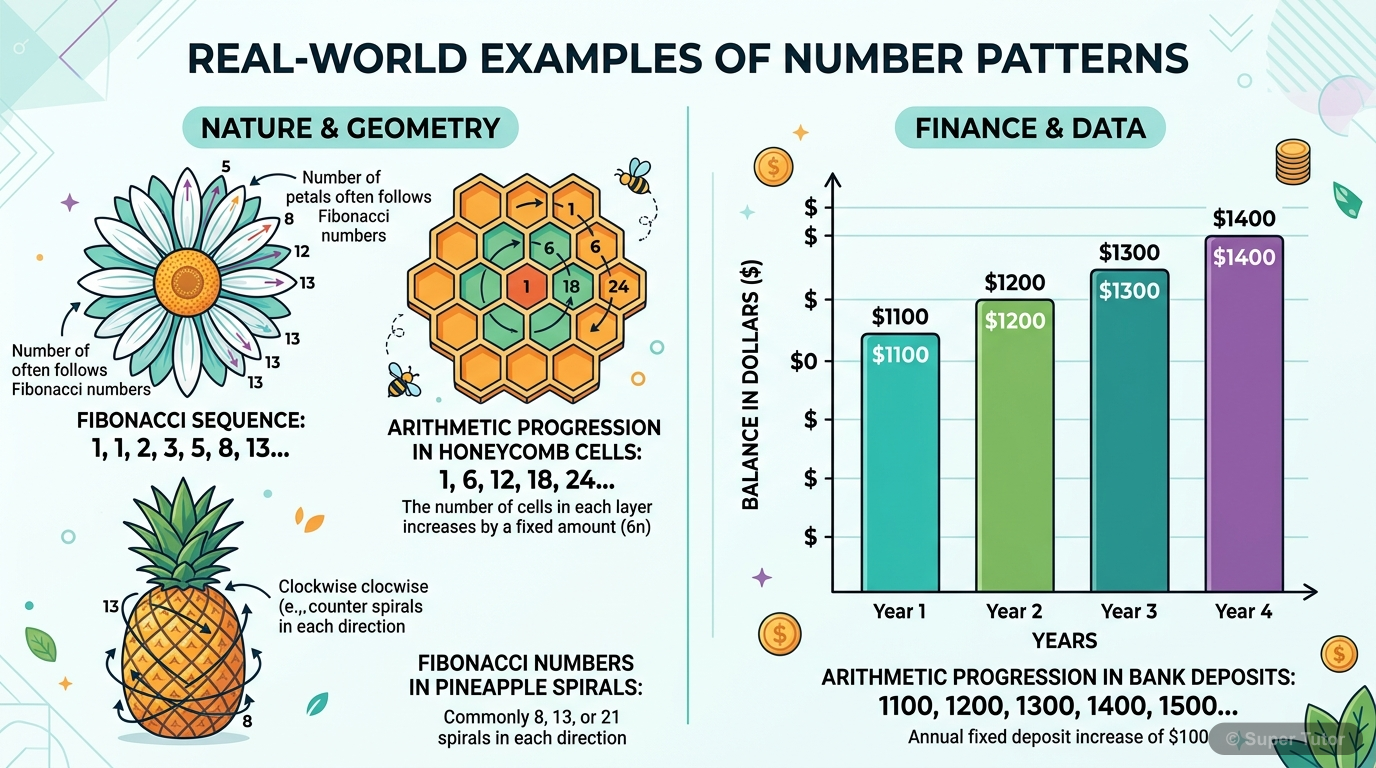 An illustration showing various real-world examples of number patterns, such as petals of a flower, holes in a honeycomb, spirals on a pineapple, and a simple bar chart showing increasing bank deposit
