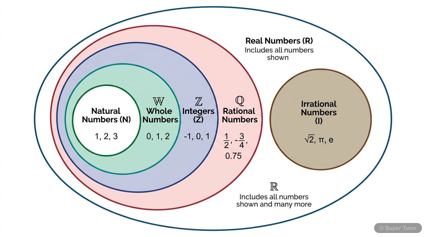 An infographic showing the nested relationship between Natural Numbers, Whole Numbers, Integers, Rational Numbers, and Real Numbers. Irrational Numbers are shown as a separate set within Real Numbers,