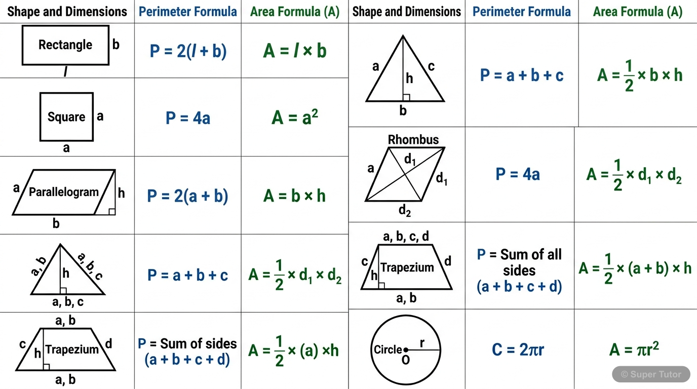 Perimeter and Area Formulas for Plane Figures An infographic summarizing the perimeter and area formulas for common 2D geometric shapes like rectangles, squares, parallelograms, triangles, rhombuses, trapeziums, and circles. Each figure should be