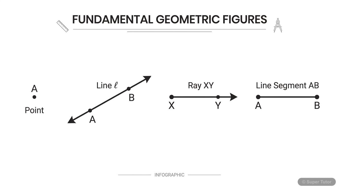 A labeled diagram illustrating the definitions and visual representations of a point, a line, a ray, and a line segment, highlighting their key differences like infinite extension and endpoints.