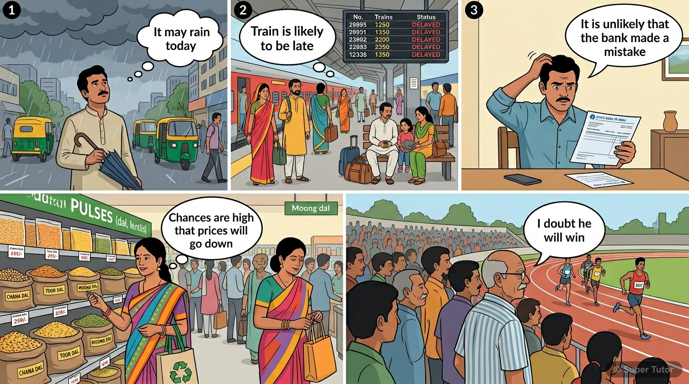 An illustration showing various real-life scenarios where probability concepts like 'may', 'likely', 'unlikely', 'chances', 'doubt' are used, demonstrating uncertainty.