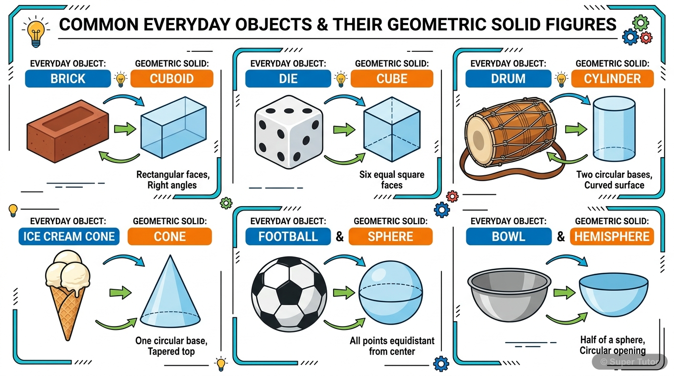 An illustration showing common objects and their corresponding 3D geometric shapes (cuboid, cube, cylinder, cone, sphere, hemisphere).