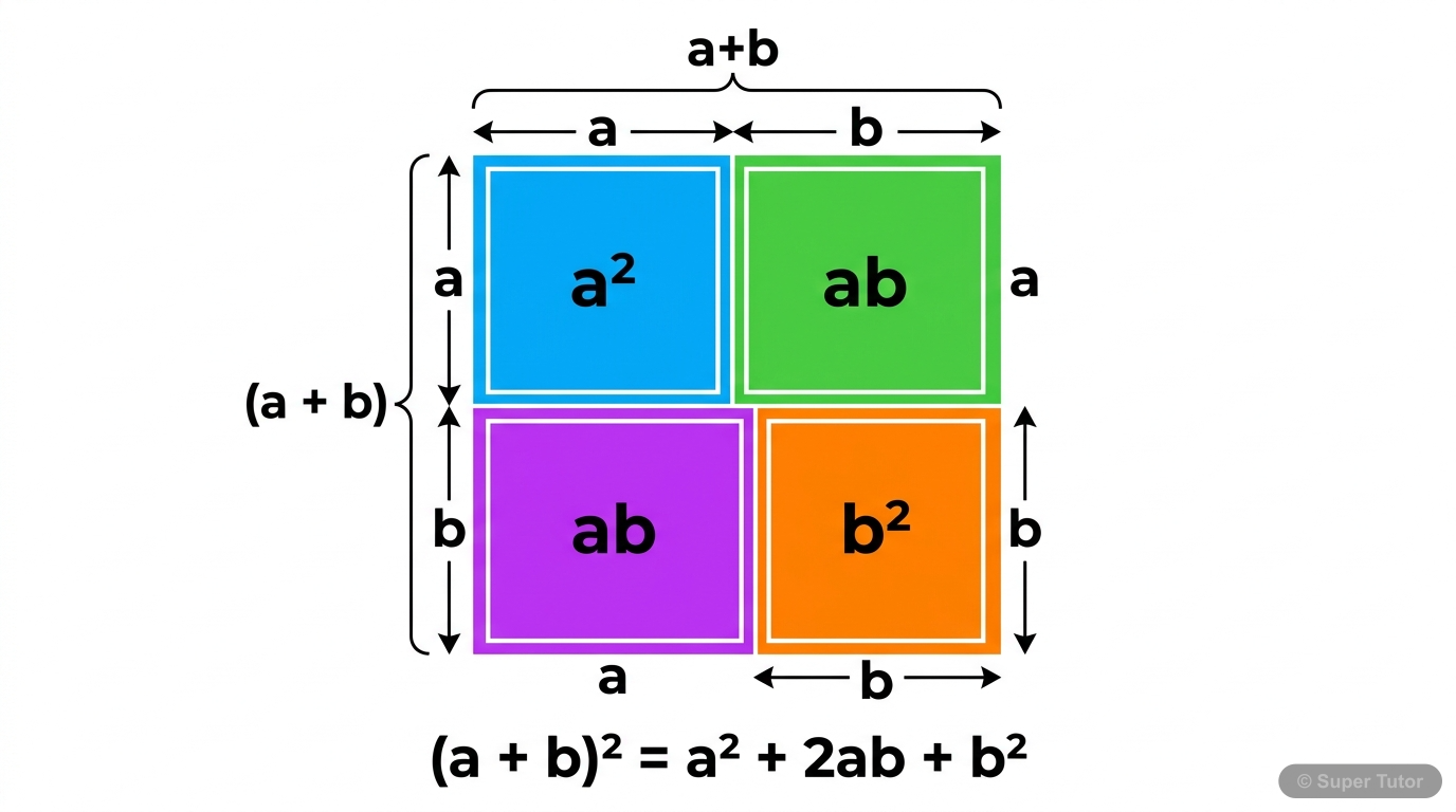 A square with side length (a+b) divided into smaller squares and rectangles to visually demonstrate that (a+b)² = a² + 2ab + b².