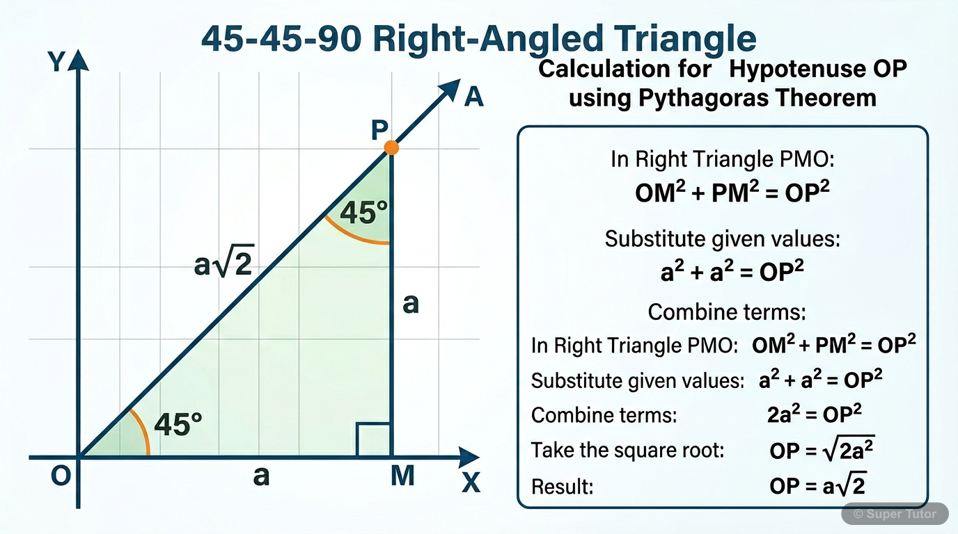 Derivation of Trigonometric Ratios for 45° A labeled diagram showing a right-angled isosceles triangle (angles 45°, 45°, 90°) with sides 'a' and hypotenuse 'a√2', used to derive sine, cosine, and tangent for 45 degrees.