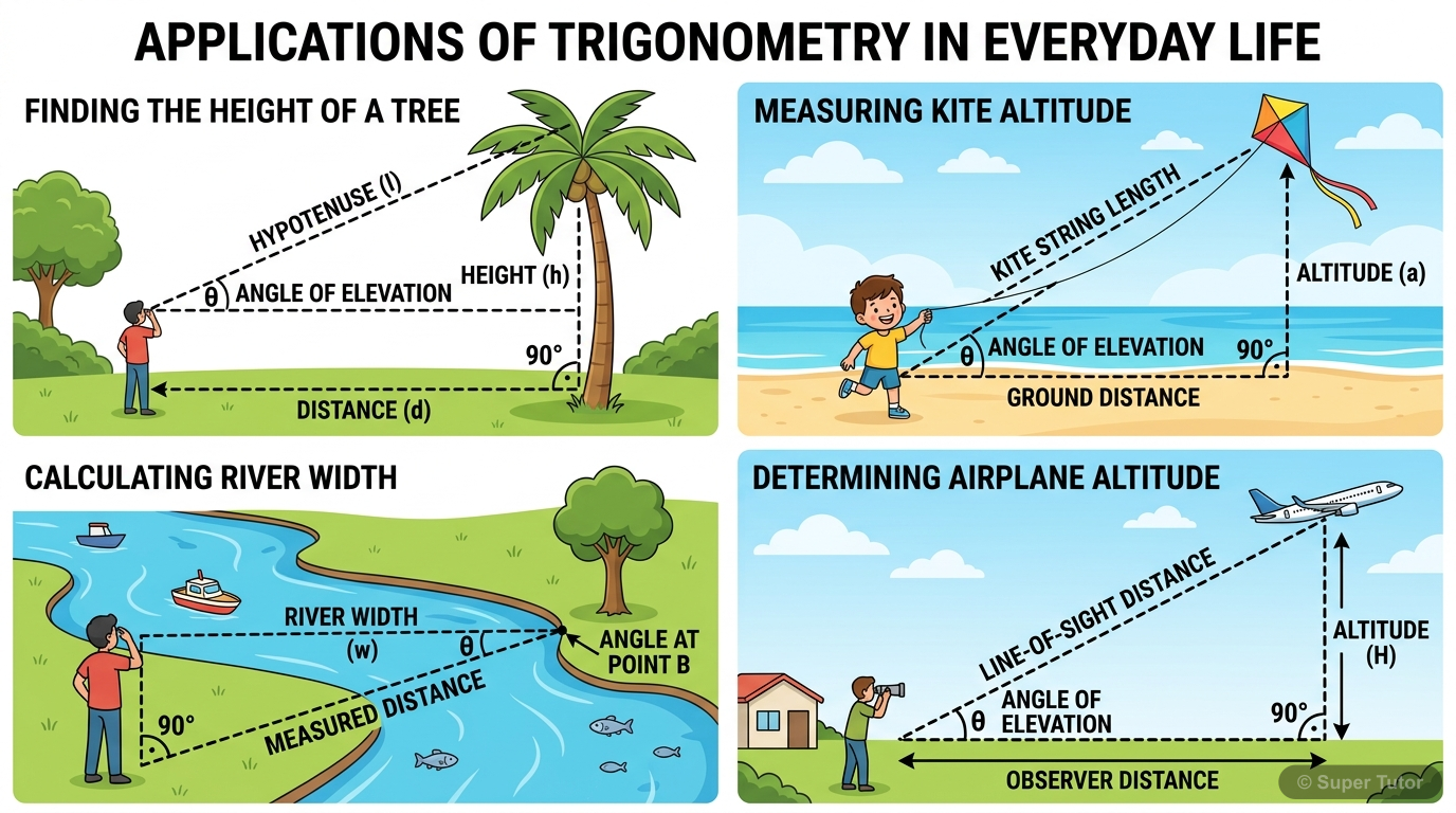An illustration showing various real-life scenarios where trigonometry is used, such as finding the height of a tree, the height of a kite, the width of a river, or the distance an aeroplane has trave