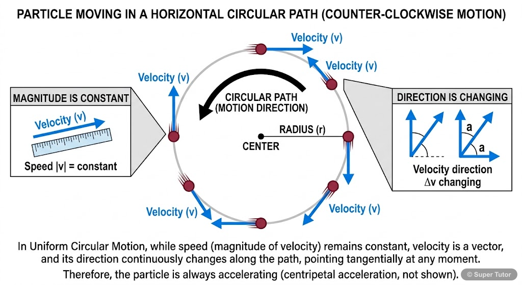 An illustration showing a particle moving in a circular path. Multiple velocity vectors are drawn tangentially at different points along the path, demonstrating that while speed might be constant, the