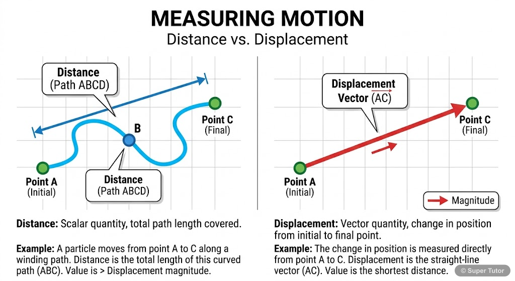 A diagram contrasting the actual path length (distance) with the straight-line change in position (displacement).