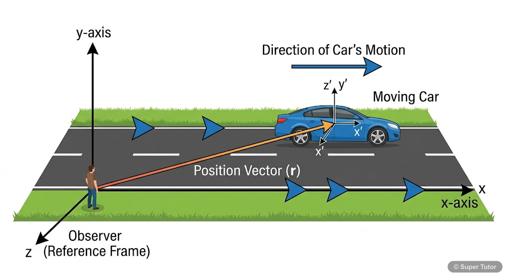A diagram illustrating how the position and motion of a body are determined relative to a fixed coordinate system (reference frame).