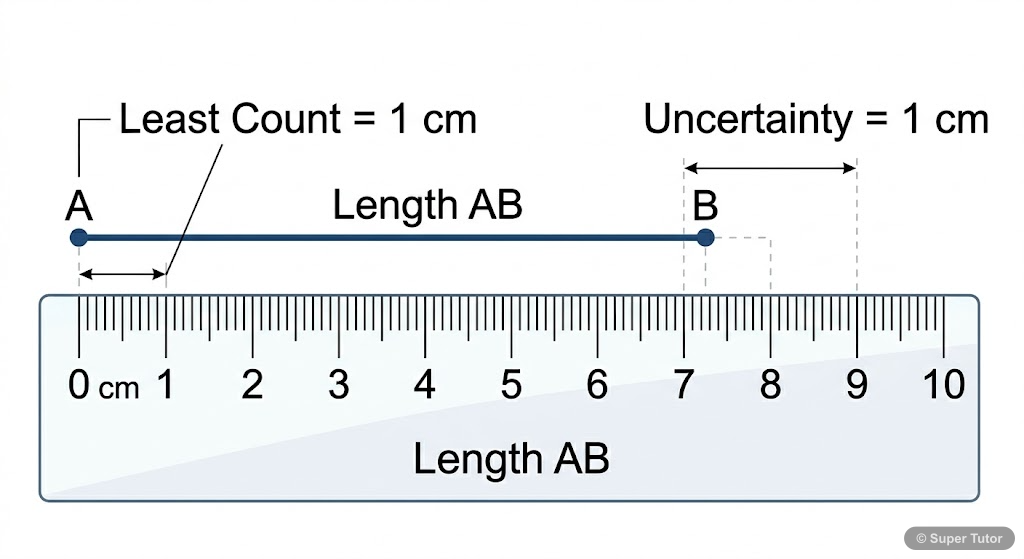 An illustration showing a line segment being measured by a ruler marked only in centimeters. The measurement clearly falls between two centimeter marks, demonstrating the least count of 1 cm and the r