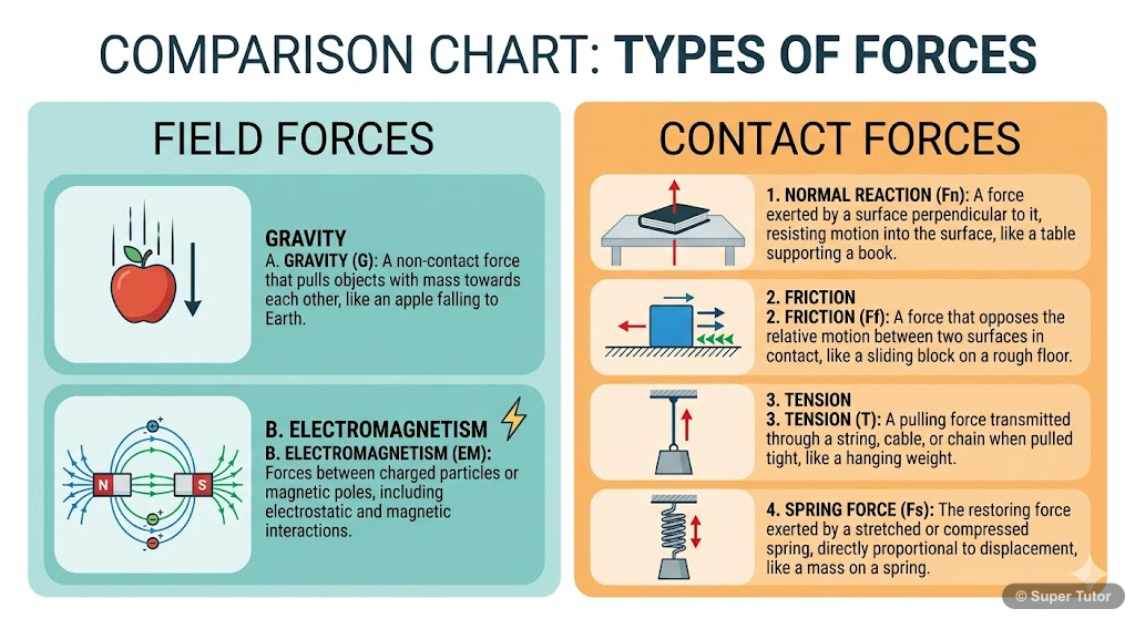 A comparison chart illustrating the key differences between field forces (gravitational, electrostatic) and contact forces (normal reaction, friction, tension, spring force), with examples for each.