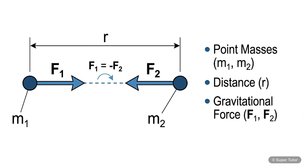 A diagram illustrating Newton's Law of Gravitation between two point masses, showing the masses, distance, and mutual attractive forces.