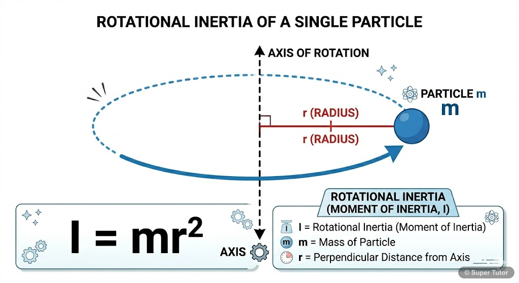 A labeled diagram showing a single particle of mass 'm' rotating around a fixed axis, with 'r' as its perpendicular distance from the axis. The formula I = mr² should be clearly associated.