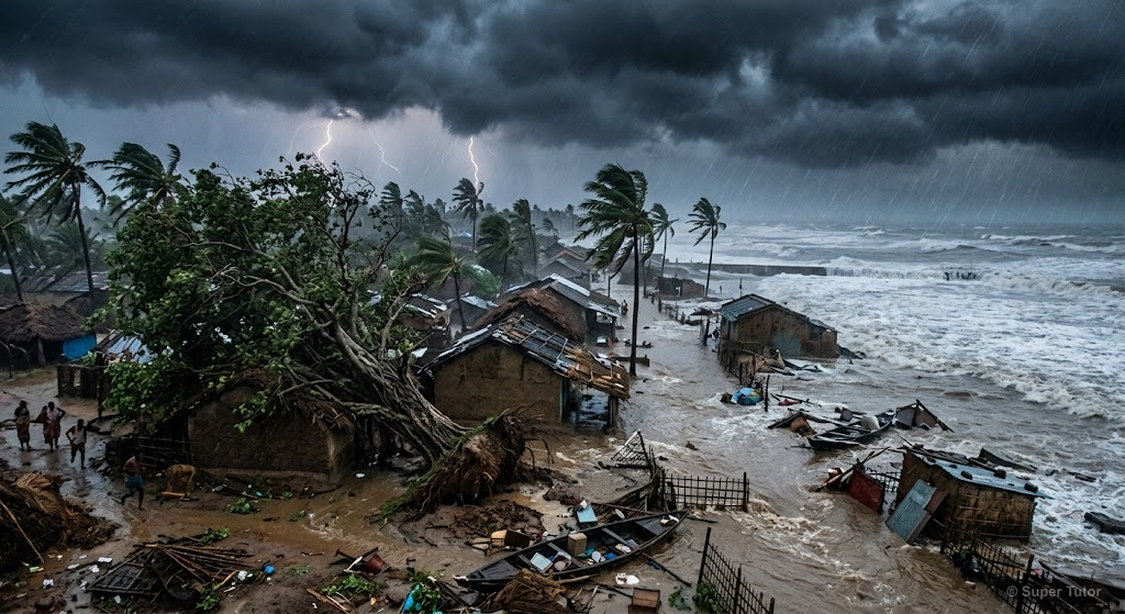 Cyclone Devastation in Ersama A scene depicting the initial devastation of the super cyclone in Ersama, with strong winds, heavy rain, uprooted trees, and houses being washed away. Focus on the destructive power of nature.