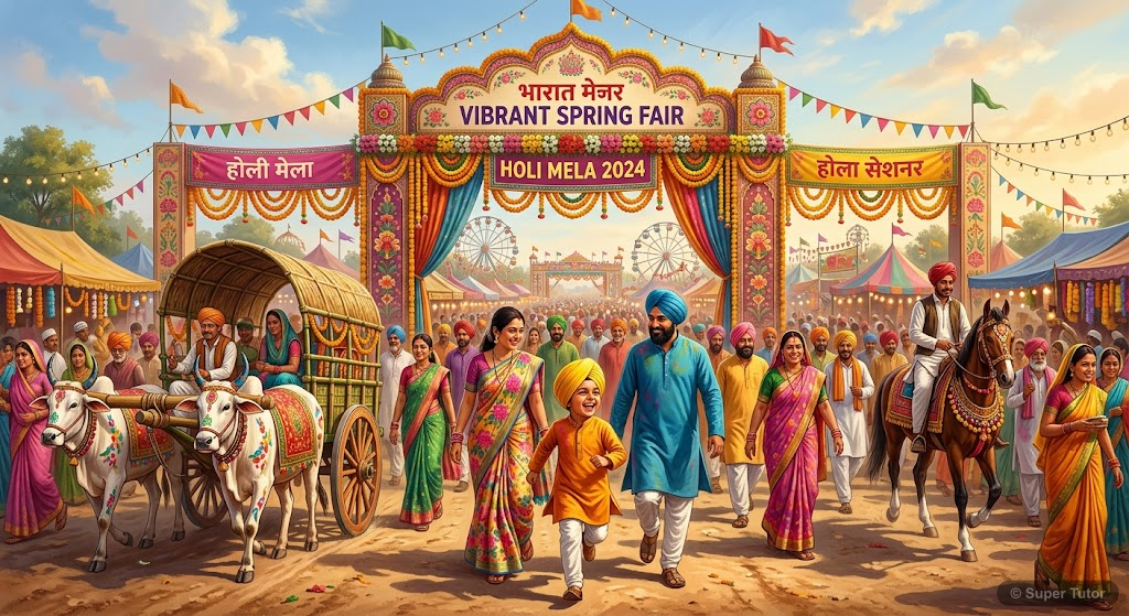 An illustration depicting the vibrant entrance to a spring festival fair, showing various people arriving on foot, horses, and bullock carts, with a child running excitedly amidst them.