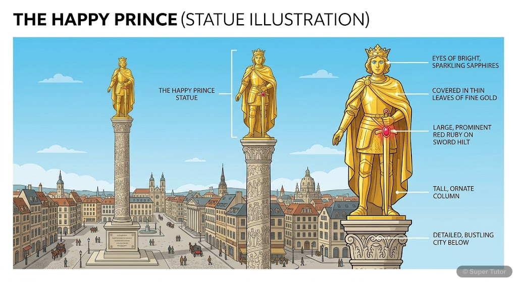 An illustration of the Happy Prince statue as initially described: gilded with fine gold, sapphires for eyes, and a large red ruby on his sword hilt, standing on a tall column above a city.