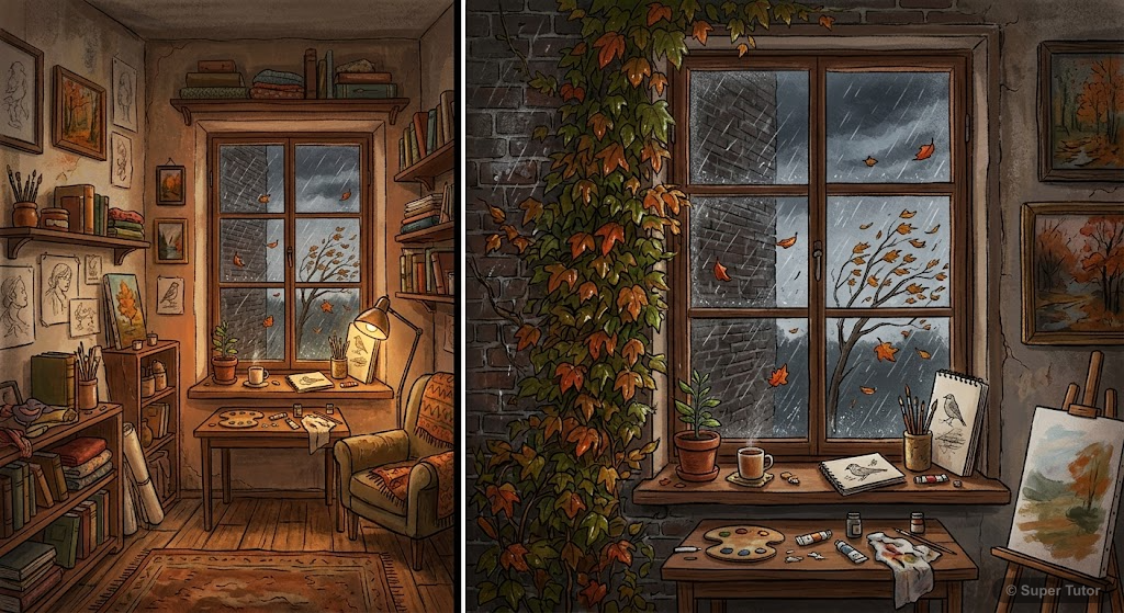 An illustration depicting the small, third-storey flat shared by Johnsy and Sue, with an old ivy creeper visible outside the window on a brick wall. The scene should convey an autumn atmosphere with w