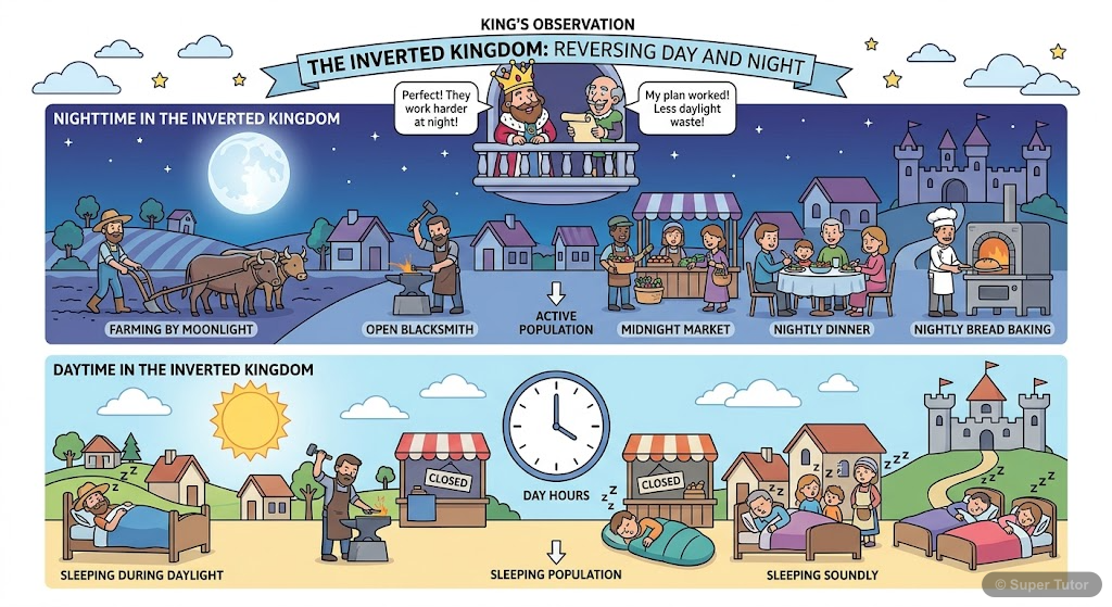 Kingdom of Fools: Inverted Rules An illustration depicting the Kingdom of Fools where people are awake and working (tilling fields, running businesses) at night under the moonlight, and sleeping during the day under the sun. Shows th