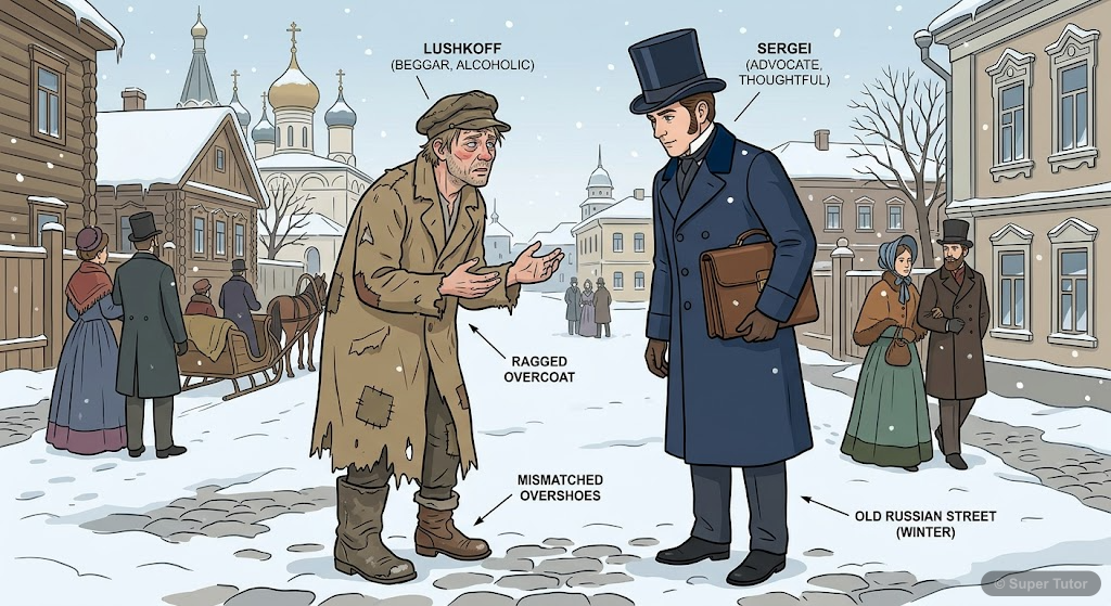 An illustration depicting Lushkoff, a ragged beggar, making a plea to Sergei, an advocate, on a street. Lushkoff appears disheveled with a fawn-colored overcoat and drunken eyes, while Sergei listens 