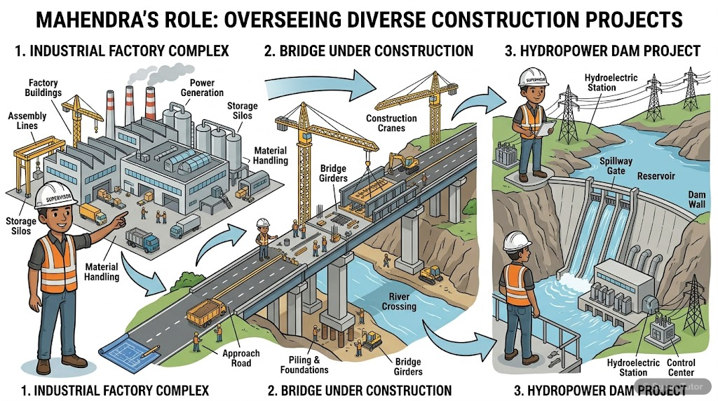 An illustration showing Mahendra, a junior supervisor, overseeing various construction sites like a factory, a bridge, and a dam. He is depicted moving between different locations, highlighting the tr