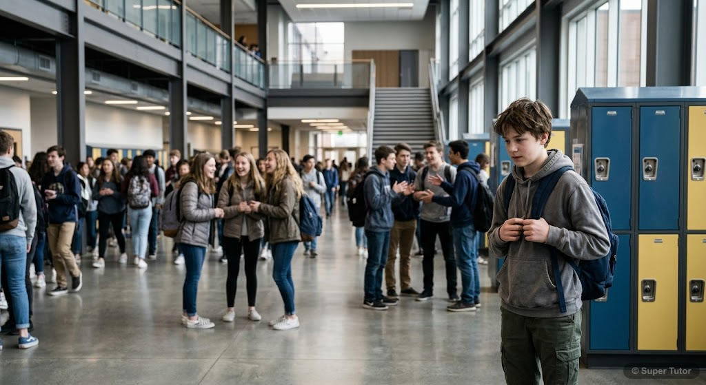 A teenage boy feeling isolated and awkward in a new, larger high school, while his old friends are at a different school. He looks small and out of place amidst a bustling school environment.
