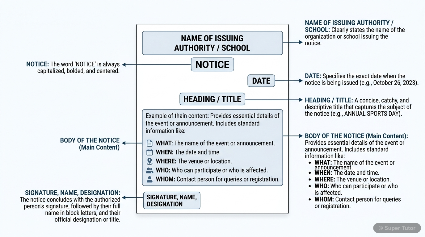A labeled diagram illustrating the standard format for writing a notice, highlighting each essential component like heading, date, body, and signature.
