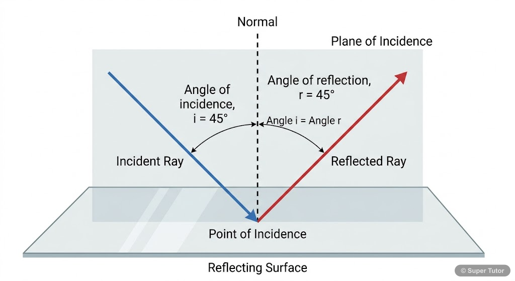 A labeled diagram illustrating the two laws of reflection: the angle of incidence equals the angle of reflection (∠i = ∠r), and the incident ray, reflected ray, and normal all lie in the same plane.