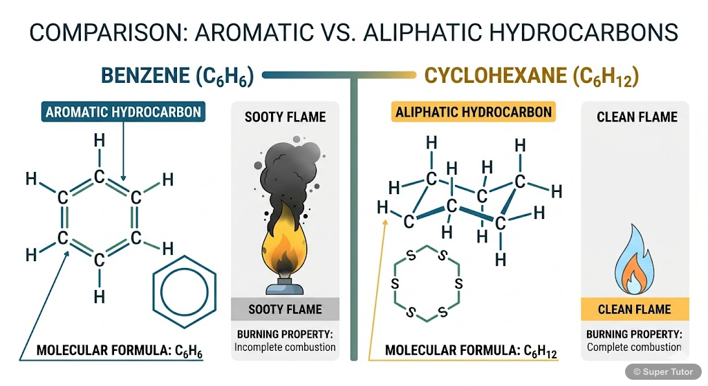 A comparison illustrating the structural differences between a simple aromatic hydrocarbon (benzene) and a corresponding aliphatic hydrocarbon, highlighting the cyclic, conjugated nature of aromatic c