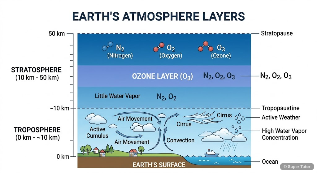 A cross-section diagram showing the troposphere and stratosphere, highlighting their approximate heights, key characteristics, and major components, including the ozone layer's location.