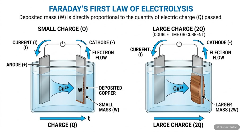 An illustration demonstrating Faraday's First Law, showing that the amount of substance deposited at an electrode is directly proportional to the quantity of electricity passed through the cell.