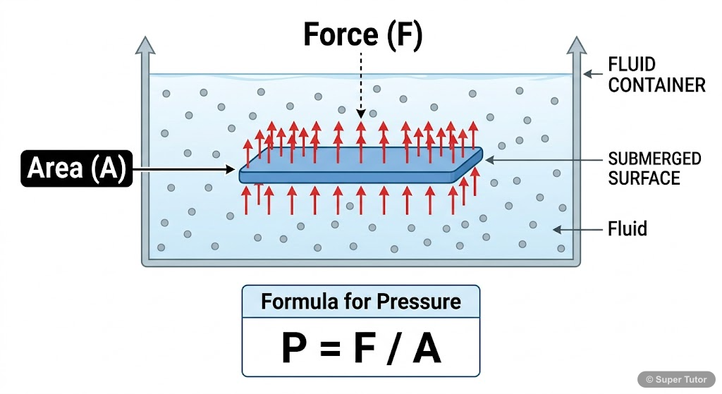Pressure in Fluids A diagram illustrating the concept of pressure as force acting normally per unit area on a surface submerged in a fluid.