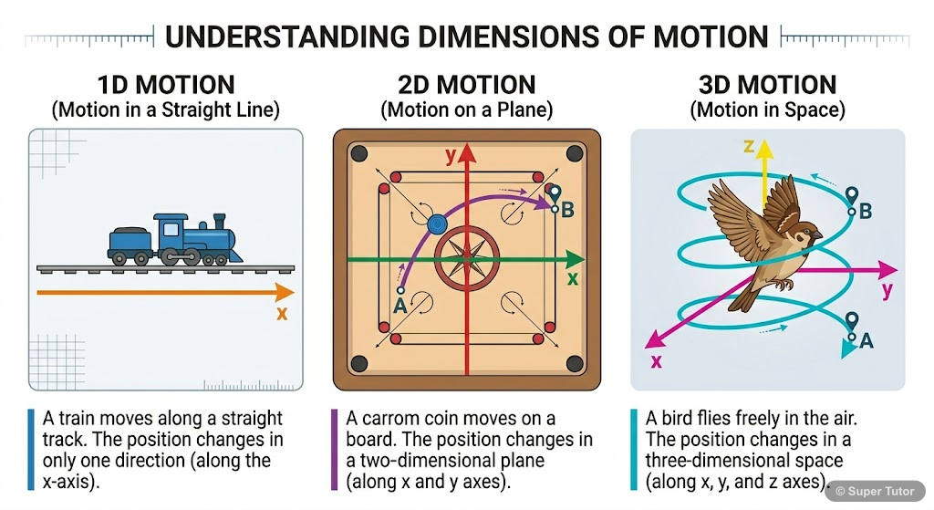 An infographic illustrating examples of one-dimensional, two-dimensional, and three-dimensional motion to clarify the concept of motion in a plane versus other dimensions.