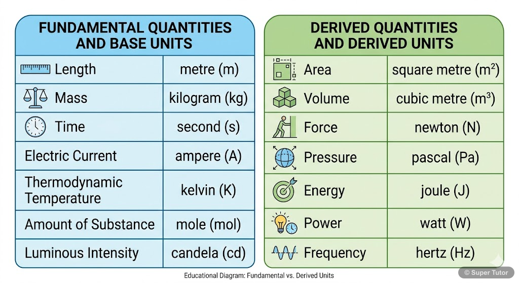 A clear comparison table distinguishing fundamental physical quantities and their base units from derived physical quantities and their derived units, with examples for each.