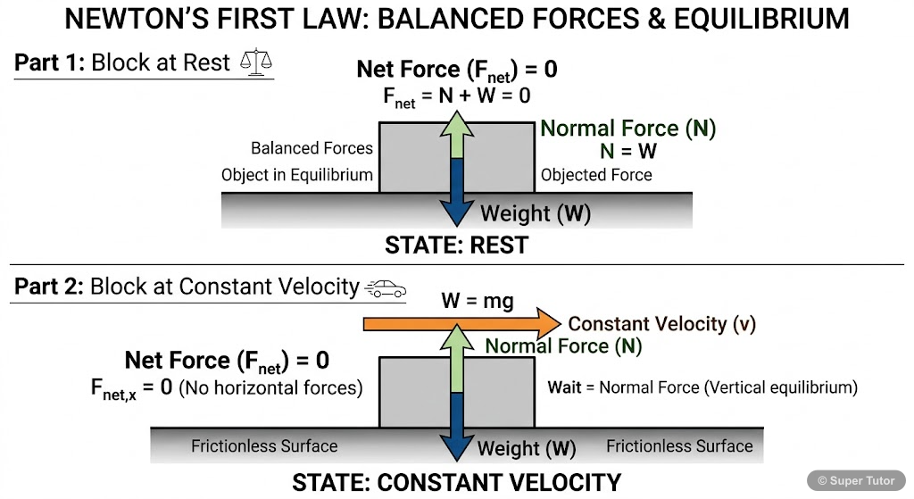 A diagram illustrating Newton's First Law of Motion, showing an object at rest remaining at rest and an object in uniform motion continuing in uniform motion when no net external force acts on it.