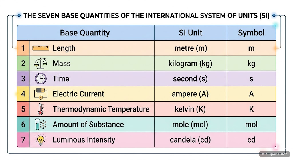 Seven Base SI Quantities and Their Units A comprehensive table listing the seven fundamental physical quantities in the International System of Units (SI), along with their respective base units and symbols.
