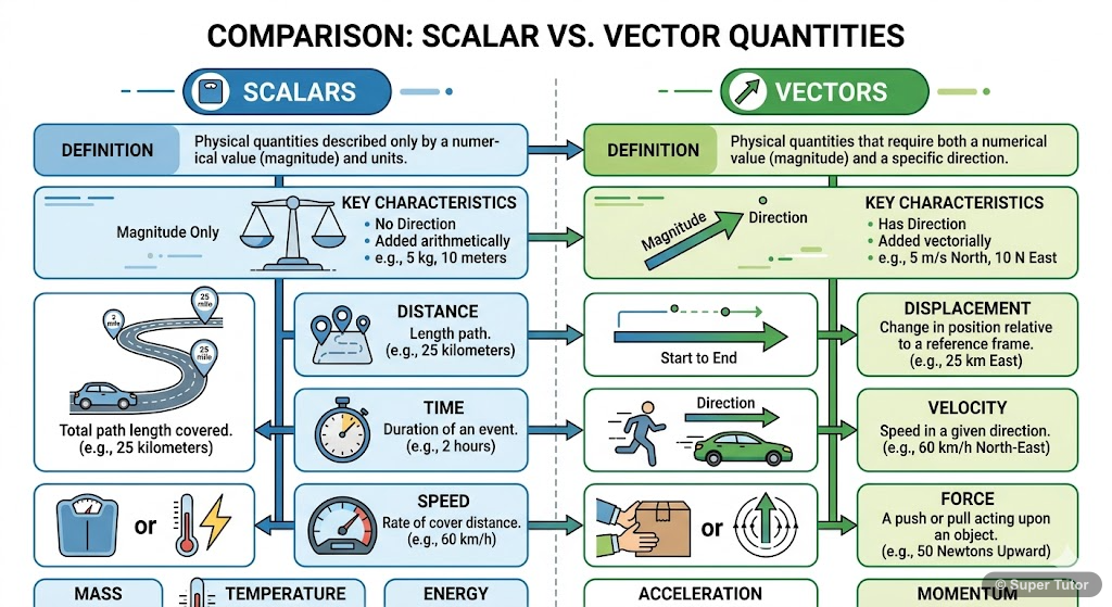A comparison chart defining scalar and vector quantities, listing examples of each, and highlighting their key differences (magnitude only vs. magnitude and direction).